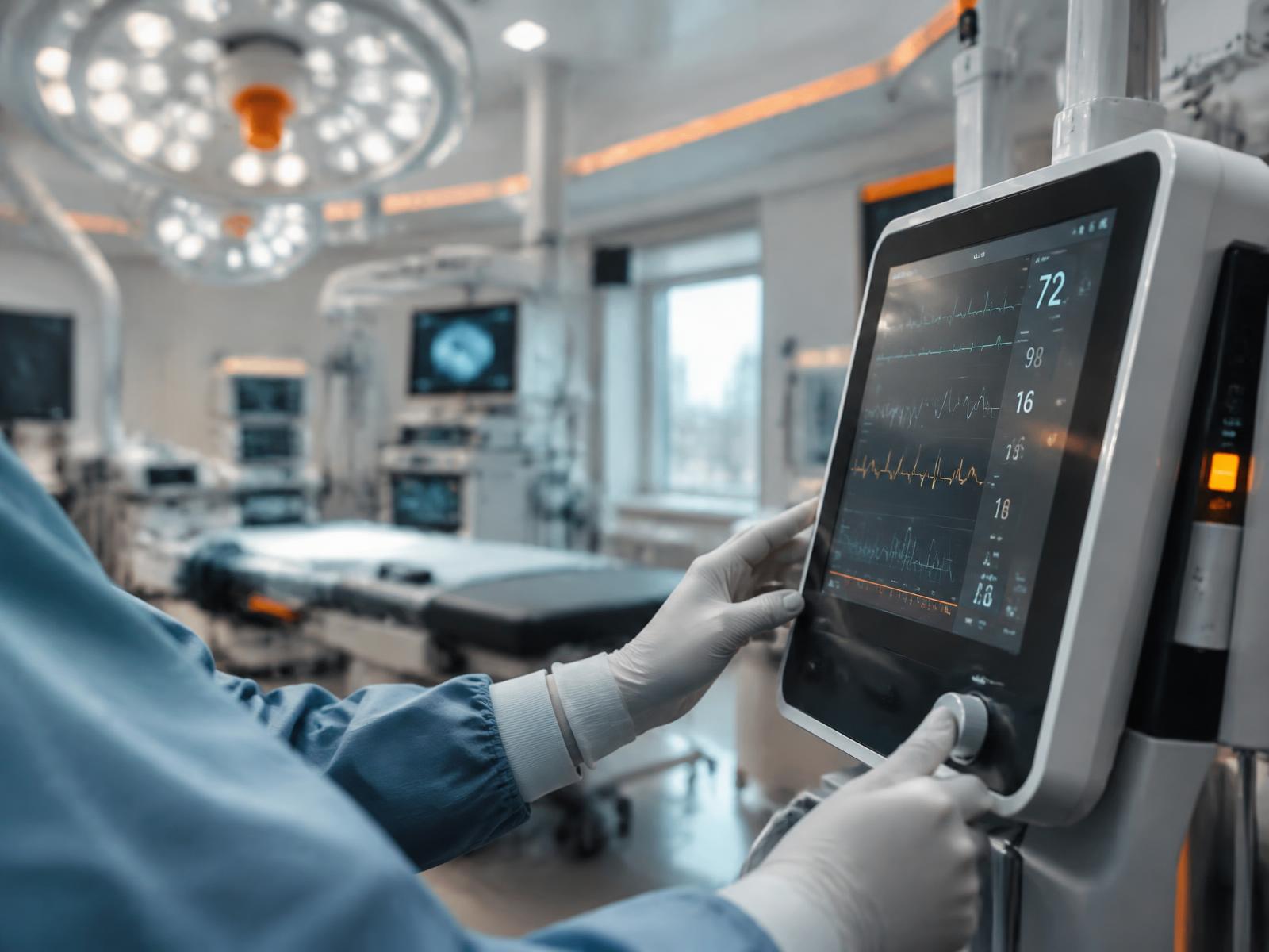 Clinician operating a medical device monitor in a modern surgical theatre